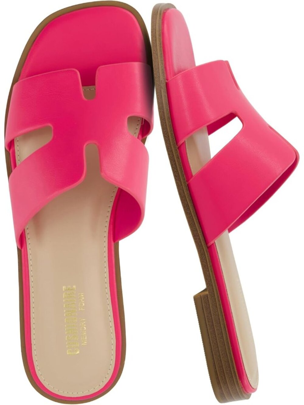 Women's Fuchsia Memory Foam Vegan Leather Cutout Strap Slides Slip On Flat Shoes